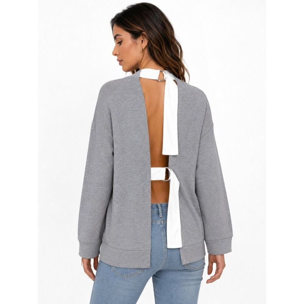 Errant Open Back Sweatshirt Womens Size M Gray Long Sleeve D-Ring Tie New $108